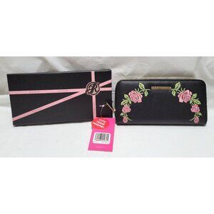 New Rampage Black with Roses on Front - Zip Around Wallet - About 7.5" x 4"